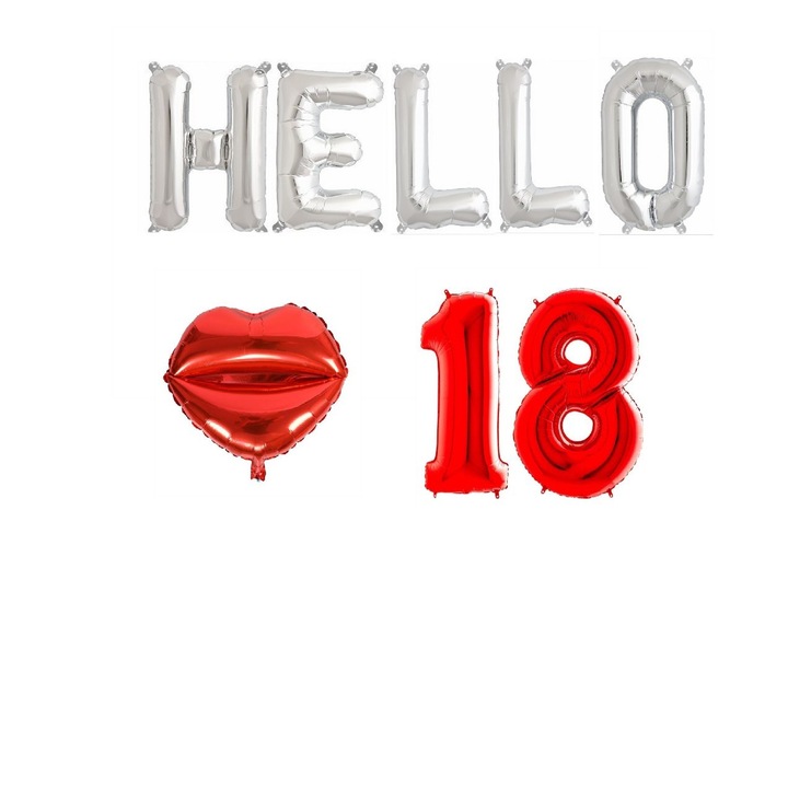 Óriás pompomlány léggömbkészlet, Hello 18, ezüst/piros