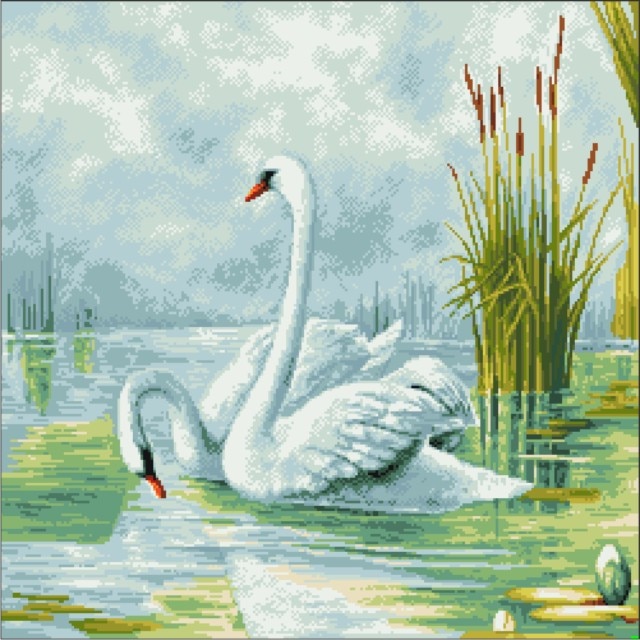Goblen Dimineata lebedelor, Rogoblen, kit cu diagrama color, 25x25 cm, bumbac