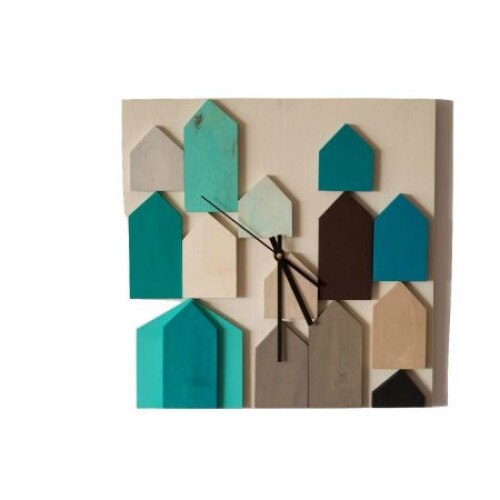 Ceas de perete, Deco-Box, La casute, crem - turcoaz, 35x35cm, ceas pictat manual, lemn