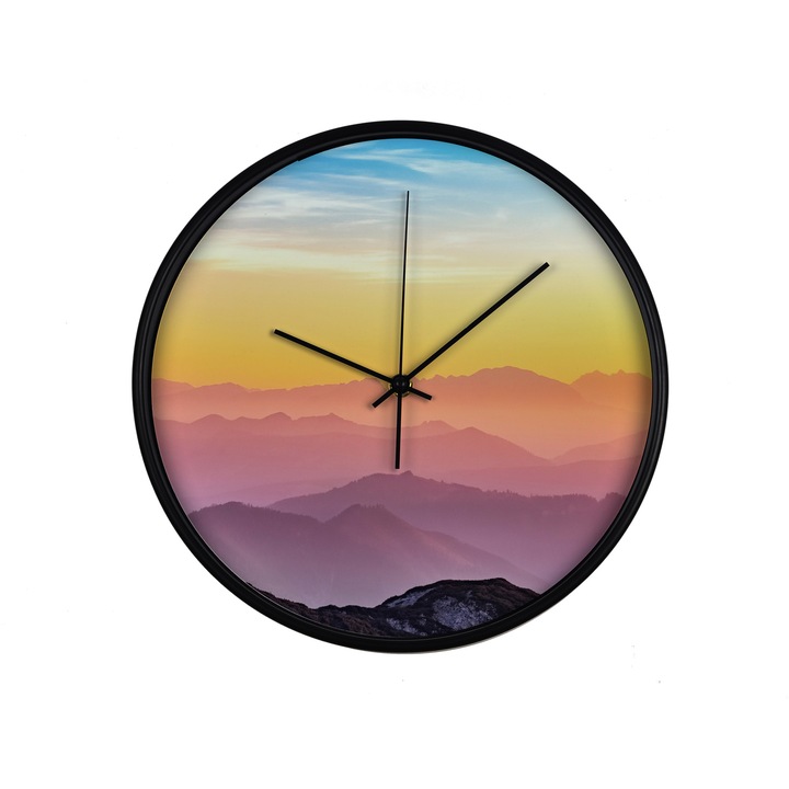 Ceas perete, produs DekoStore, pentru birou, living sau showroom, cu mecanism silentios, Siluete de munti la rasarit, diametru 30 cm, rama neagra din plastic