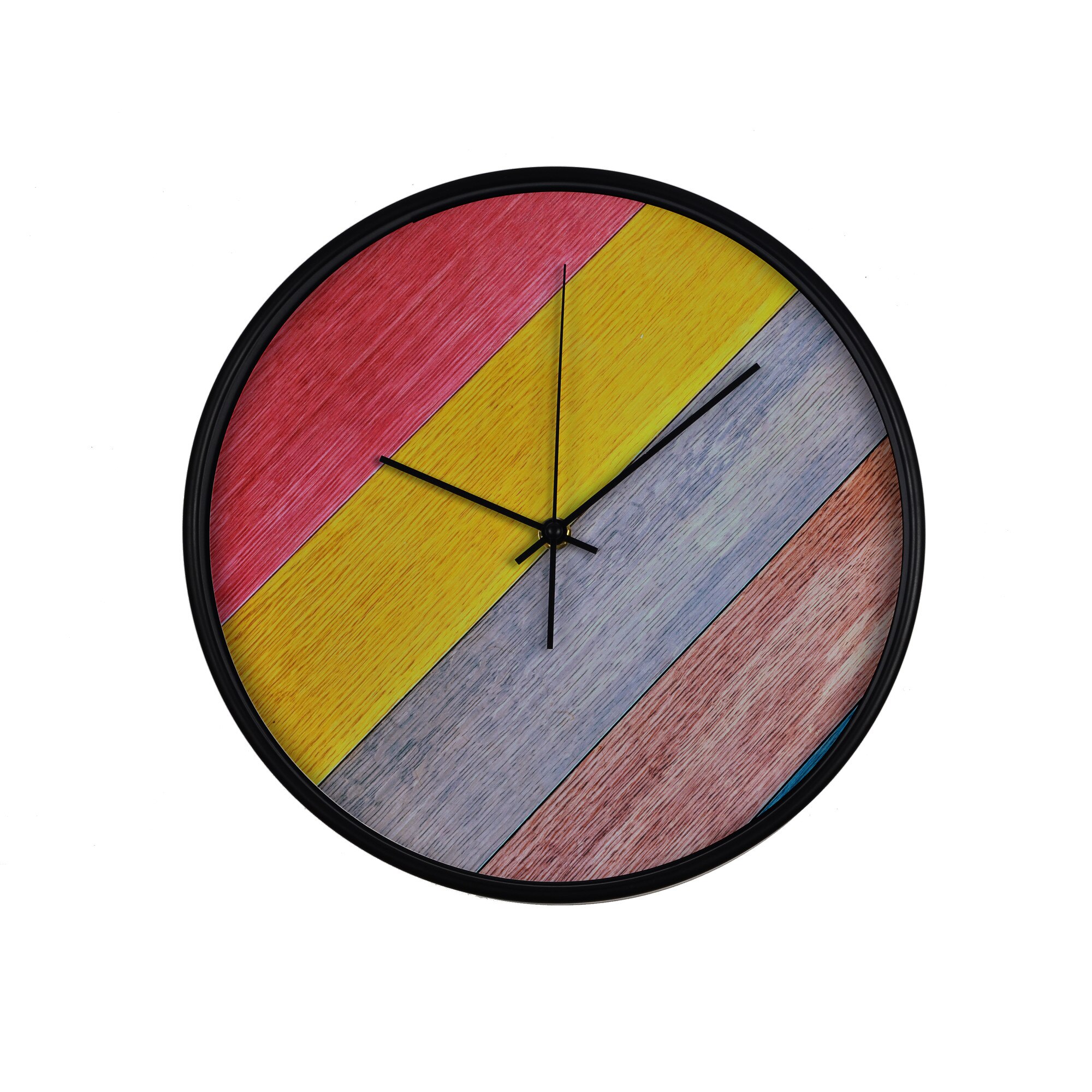 Ceas perete, produs DekoStore, pentru birou, living sau showroom, cu mecanism silentios, Bucati de lemn in culori diferite, diametru 30 cm, rama neagra din plastic