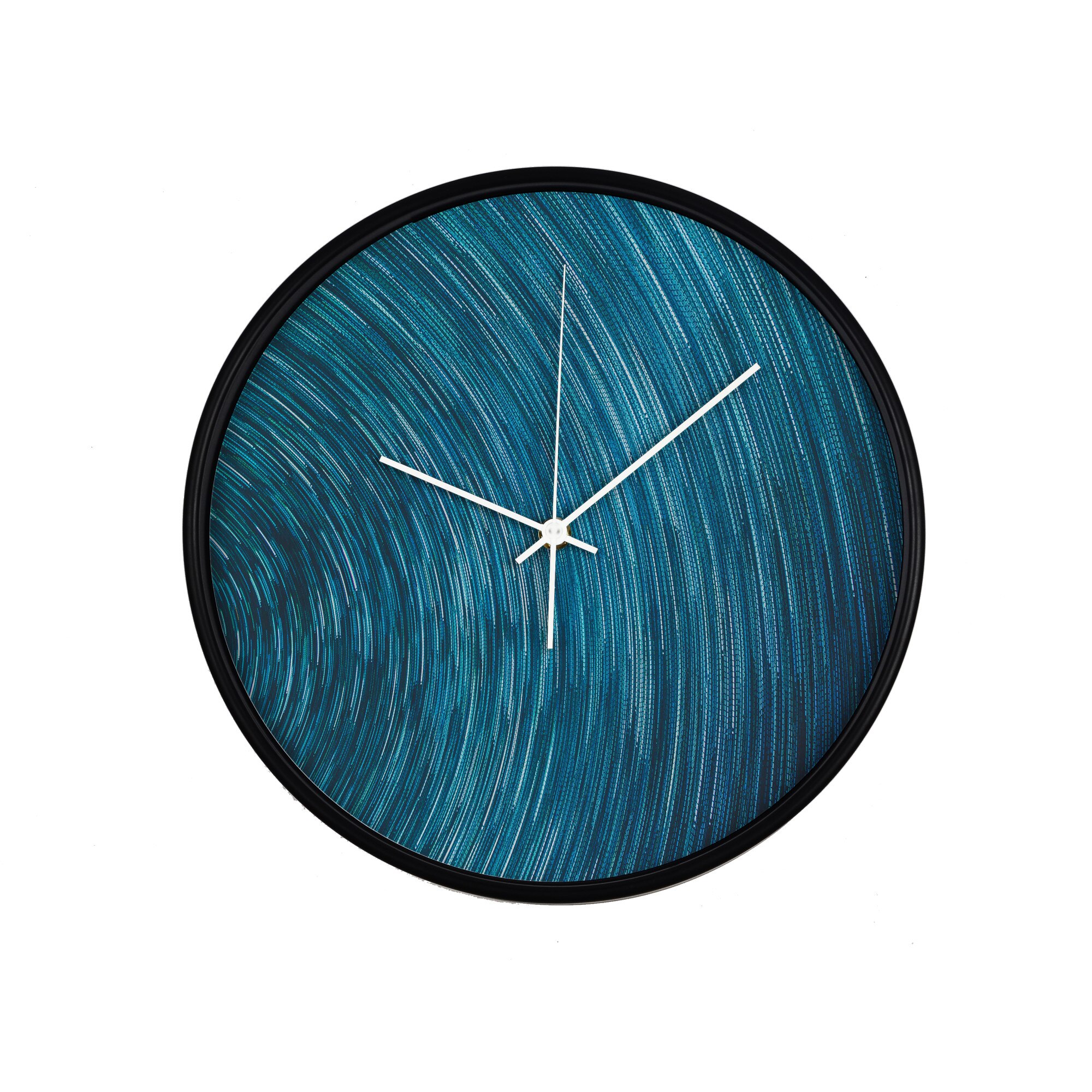 Ceas perete, produs DekoStore, pentru birou, living sau showroom, cu mecanism silentios, Vortex albastru, diametru 30 cm, rama neagra din plastic