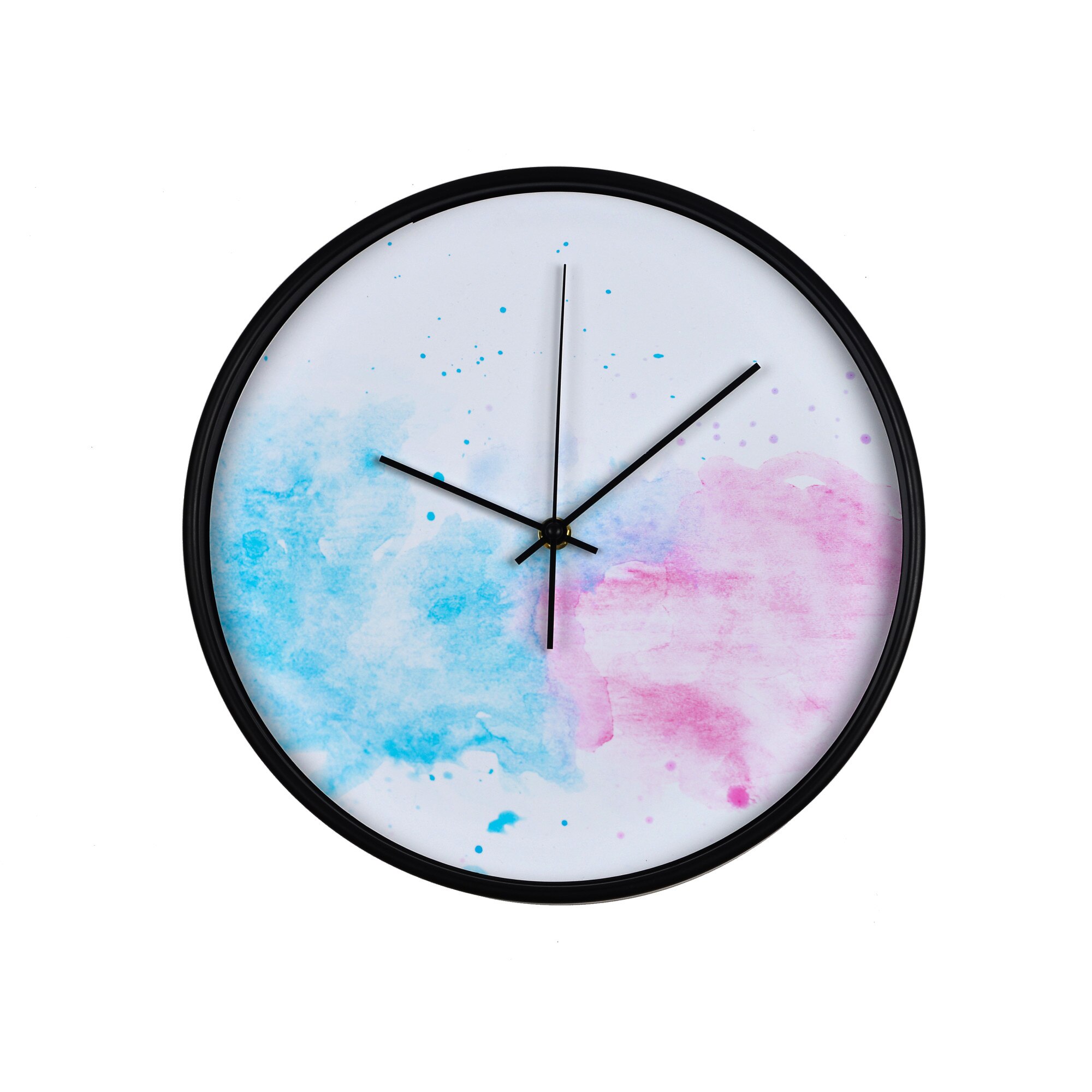 Ceas perete, produs DekoStore, pentru birou, living sau showroom, cu mecanism silentios, Pictura in doua culori: albastru si rosu, diametru 30 cm, rama neagra din plastic