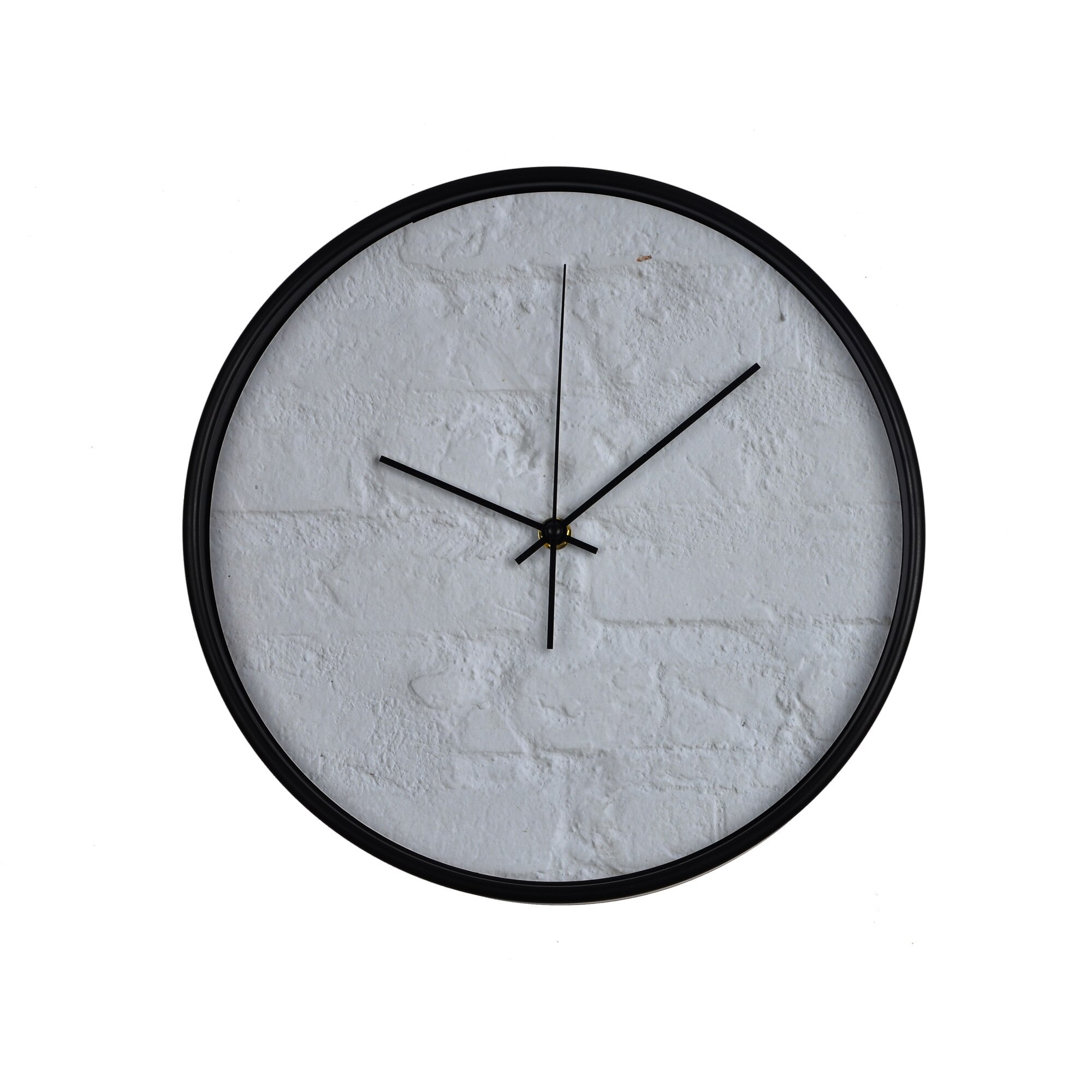 Ceas perete, produs DekoStore, pentru birou, living sau showroom, cu mecanism silentios, Zid din caramizi albe, diametru 30 cm, rama neagra din plastic