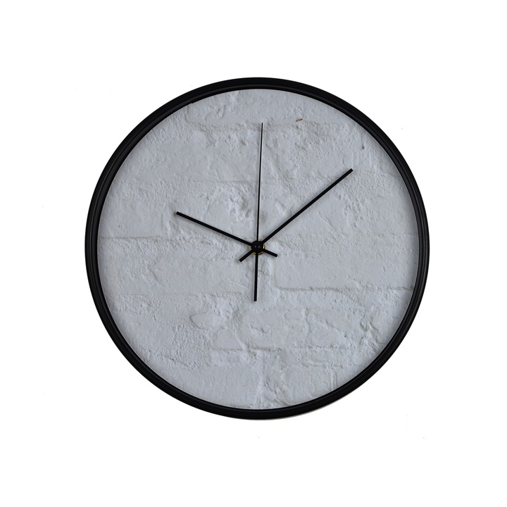 Ceas perete, produs DekoStore, pentru birou, living sau showroom, cu mecanism silentios, Zid din caramizi albe, diametru 30 cm, rama neagra din plastic