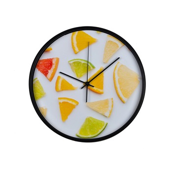Ceas perete, produs DekoStore, pentru bucatarie, cu mecanism silentios, Triunghiuri de... citrice, diametru 30 cm, rama neagra din plastic Ceas perete, produs DekoStore, pentru bucatarie, cu mecanism silentios, Triunghiuri de... citrice, diametru 30 cm, rama neagra din plastic