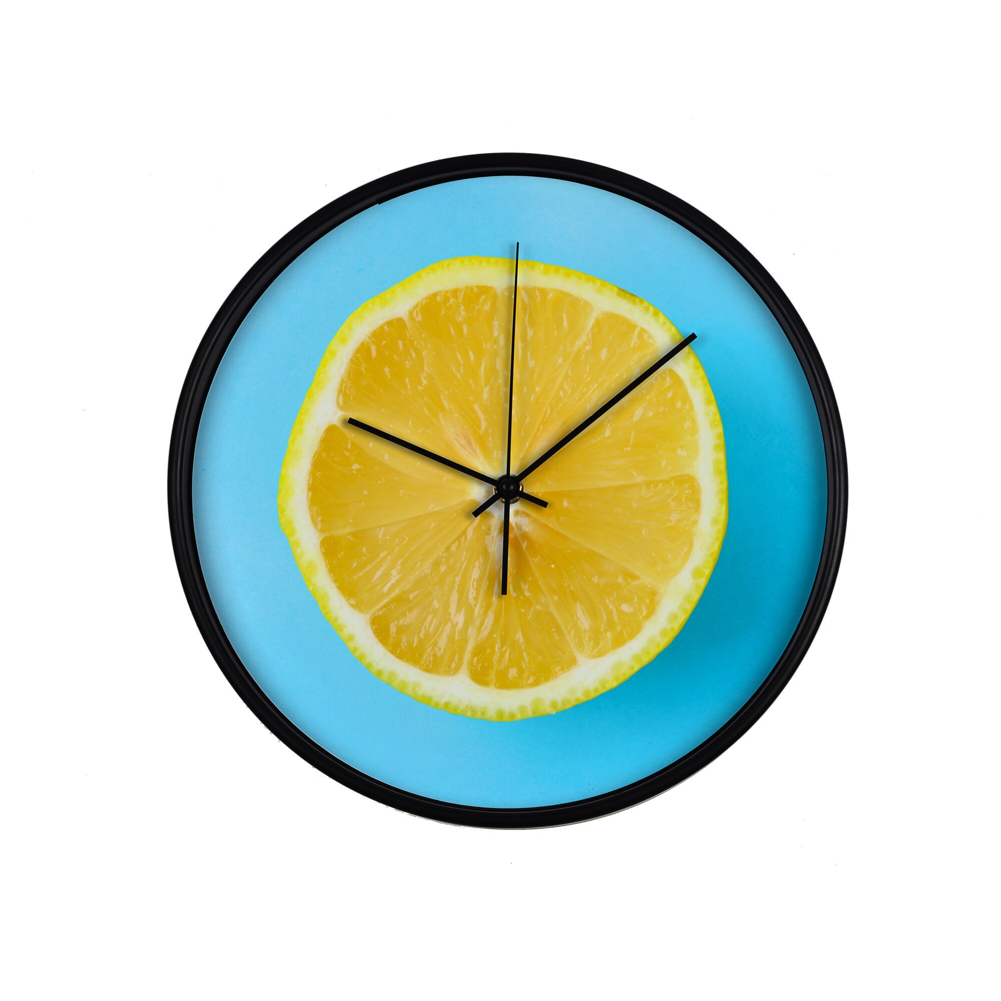 Ceas perete, produs DekoStore, pentru bucatarie, cu mecanism silentios, Lamaie pe fundal albastru pastel, diametru 30 cm, rama neagra din plastic