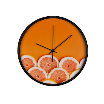 Ceas perete, produs DekoStore, pentru bucatarie, cu mecanism silentios, Felii de grepfruit pe fundal portocaliu, diametru 30 cm, rama neagra din plastic Ceas perete, produs DekoStore, pentru bucatarie, cu mecanism silentios, Felii de grepfruit pe fundal portocaliu, diametru 30 cm, rama neagra din plastic