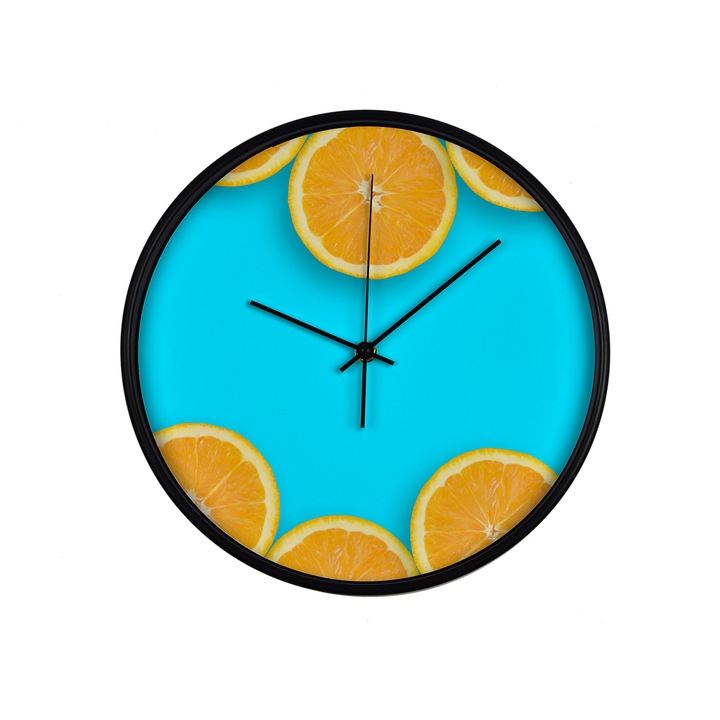 Ceas perete, produs DekoStore, pentru bucatarie, cu mecanism silentios, Felii de portocala pe fundal albastru, diametru 30 cm, rama neagra din plastic