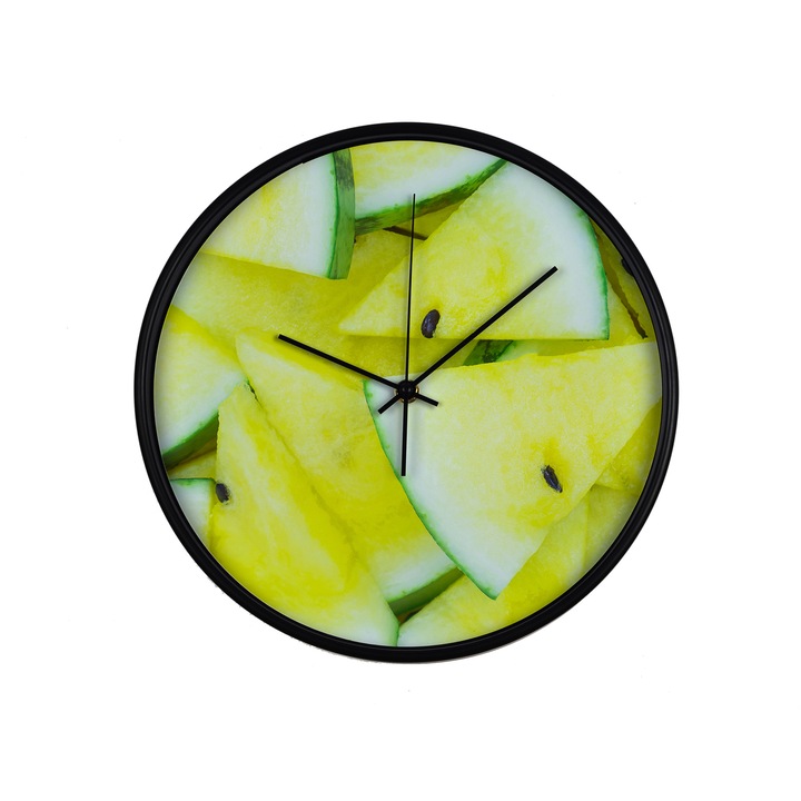 Ceas perete, produs DekoStore, pentru bucatarie, cu mecanism silentios, Bucati de pepene galben, diametru 30 cm, rama neagra din plastic