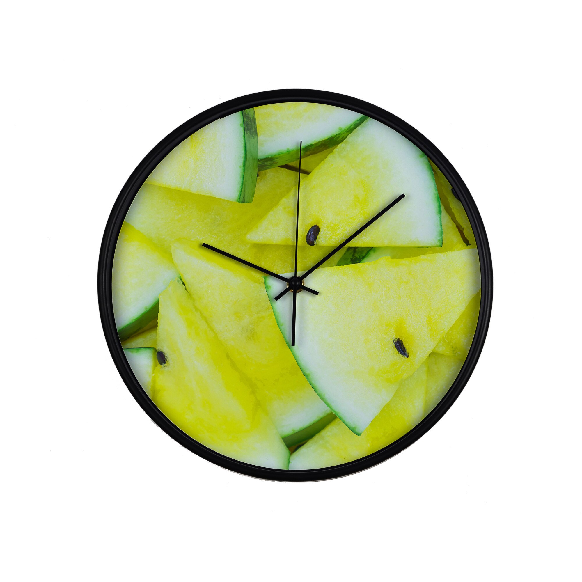 Ceas perete, produs DekoStore, pentru bucatarie, cu mecanism silentios, Bucati de pepene galben, diametru 30 cm, rama neagra din plastic