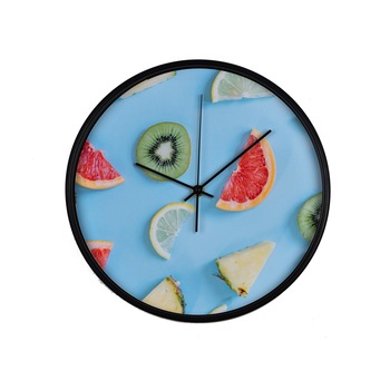 Ceas perete, produs DekoStore, pentru bucatarie, cu mecanism silentios, Bucati de fructe exotice: ananas, kiwi, grepfruit, diametru 30 cm, rama neagra din plastic Ceas perete, produs DekoStore, pentru bucatarie, cu mecanism silentios, Bucati de fructe exotice: ananas, kiwi, grepfruit, diametru 30 cm, rama neagra din plastic