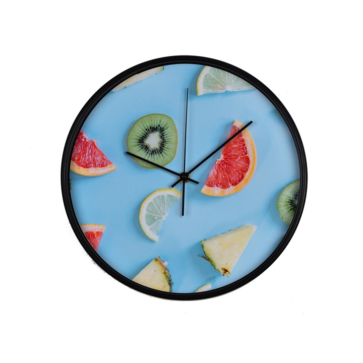 Ceas perete, produs DekoStore, pentru bucatarie, cu mecanism silentios, Bucati de fructe exotice: ananas, kiwi, grepfruit, diametru 30 cm, rama neagra din plastic