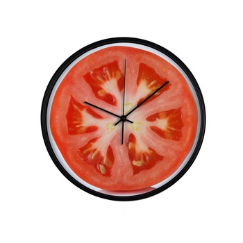 Ceas perete, produs DekoStore, pentru bucatarie, cu mecanism silentios, Felie de rosie, diametru 30 cm, rama neagra din plastic Ceas perete, produs DekoStore, pentru bucatarie, cu mecanism silentios, Felie de rosie, diametru 30 cm, rama neagra din plastic