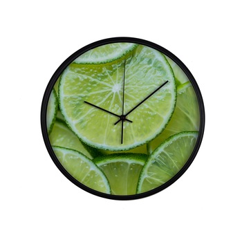 Ceas perete, produs DekoStore, pentru bucatarie, cu mecanism silentios, Felii de lime/lamai verzi, diametru 30 cm, rama neagra din plastic Ceas perete, produs DekoStore, pentru bucatarie, cu mecanism silentios, Felii de lime/lamai verzi, diametru 30 cm, rama neagra din plastic