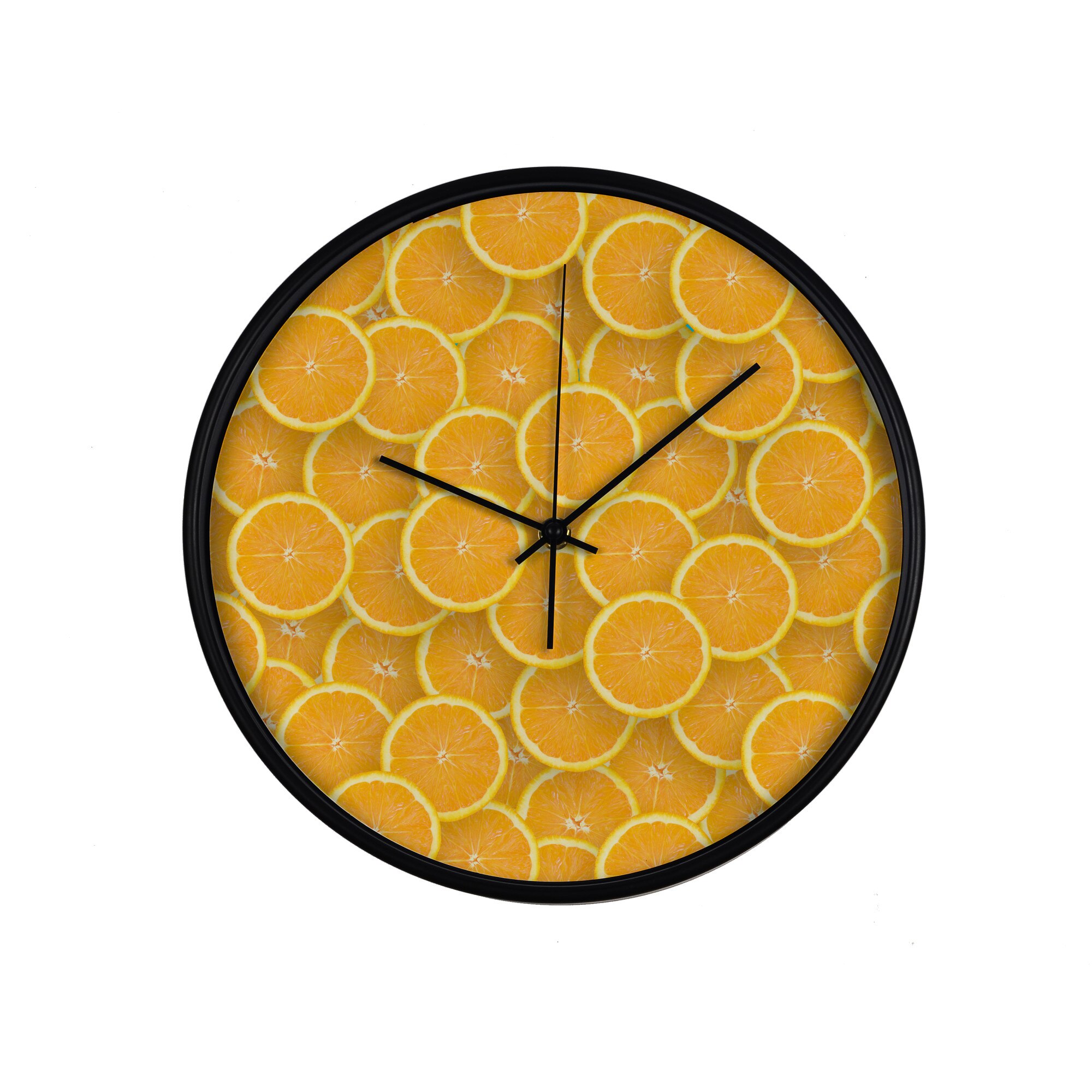 Ceas perete, produs DekoStore, pentru bucatarie, cu mecanism silentios, Felii de portocale, diametru 30 cm, rama neagra din plastic