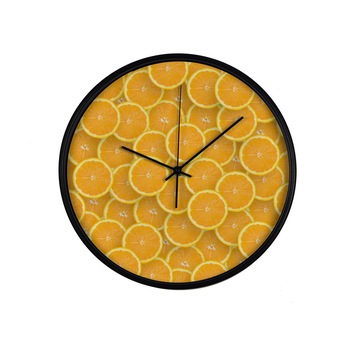 Ceas perete, produs DekoStore, pentru bucatarie, cu mecanism silentios, Felii de portocale, diametru 30 cm, rama neagra din plastic Ceas perete, produs DekoStore, pentru bucatarie, cu mecanism silentios, Felii de portocale, diametru 30 cm, rama neagra din plastic