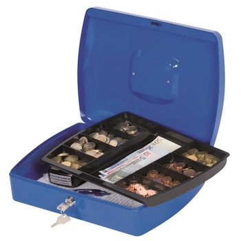 Cutie metalica pentru valori Q-CONNECT, extra larga, 325 x 85 x 235 mm, incuietoare cu doua chei, albastru Cutie metalica pentru valori Q-CONNECT, extra larga, 325 x 85 x 235 mm, incuietoare cu doua chei, albastru