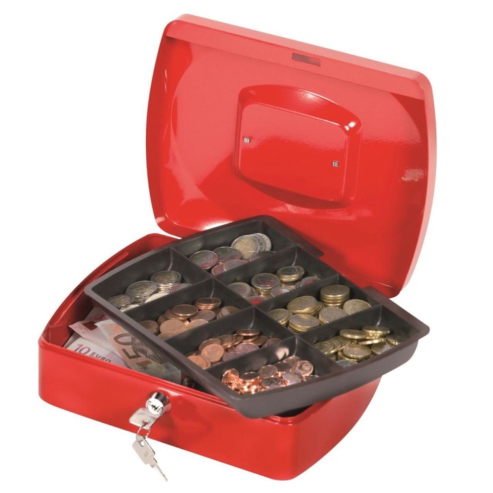 Cutie metalica pentru valori Q-CONNECT, larga, 255 x 85 x 200 mm, incuietoare cu doua chei, rosu