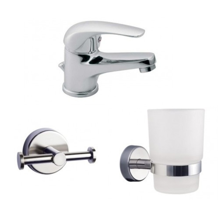 Set FERRO 3 in 1: Baterie lavoar Vasto 2A, cuier prosop, un suport cu pahar