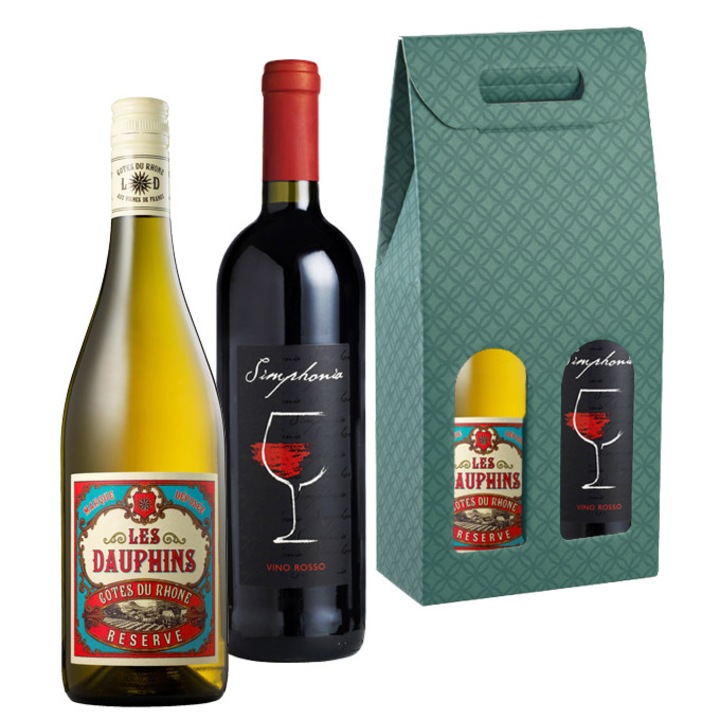 Pachet Vin Les Dauphins alb si Simphonia rosu ,2 sticle 750 ml + cutie cadou