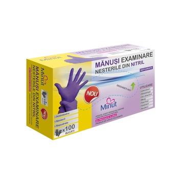 Manusi examinare nitril, nepudrate, Minut, marimea L, 100 buc, violet Manusi examinare nitril, nepudrate, Minut, marimea L, 100 buc, violet