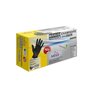 Manusi examinare nitril, nepudrate, Minut, marimea L, 100 buc, negre Manusi examinare nitril, nepudrate, Minut, marimea L, 100 buc, negre