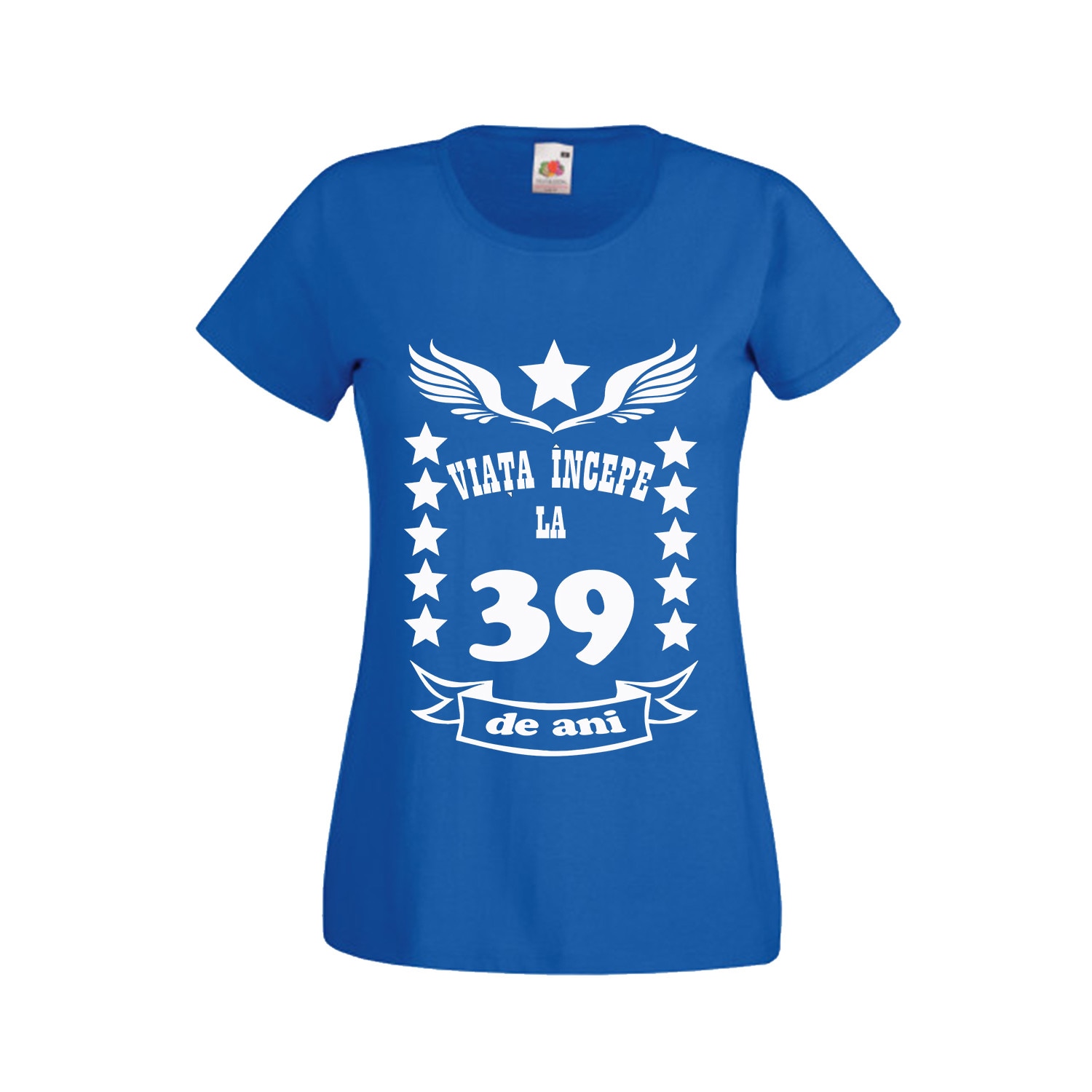 Tricou dama personalizat Fruit of the loom aniversare Viata incepe la 39 ani albastru 2XL