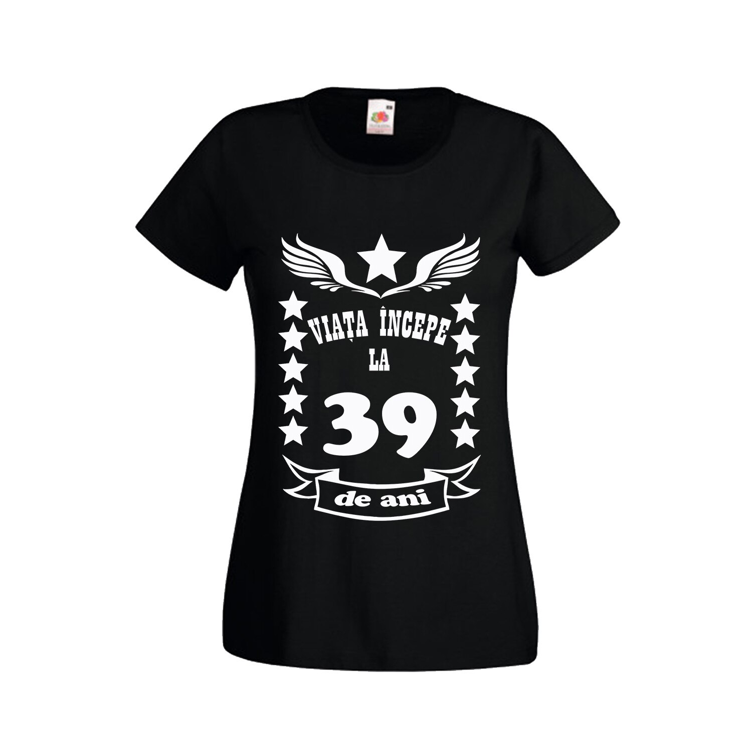 Tricou dama personalizat Fruit of the loom aniversare Viata incepe la 39 ani negru XL