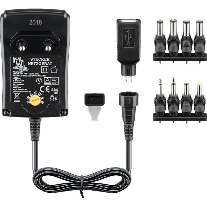 Goobay Univerzális 3V-12V tápegysés, bemenet 240V, 8 dugasz + USB A, , max.1.5A/18W