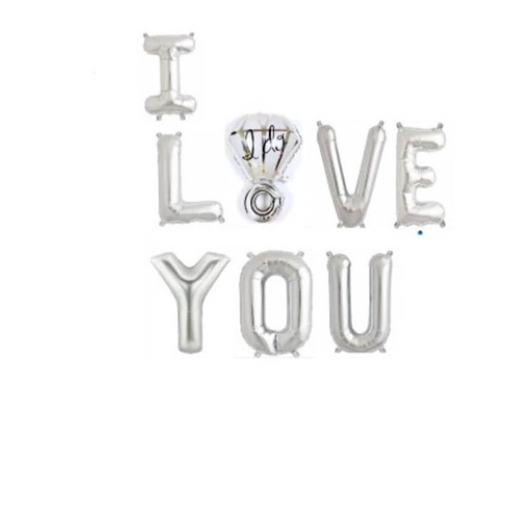Fólia lufi I LOVE YOU, Ezüst, Gyűrűvel, 105 cm