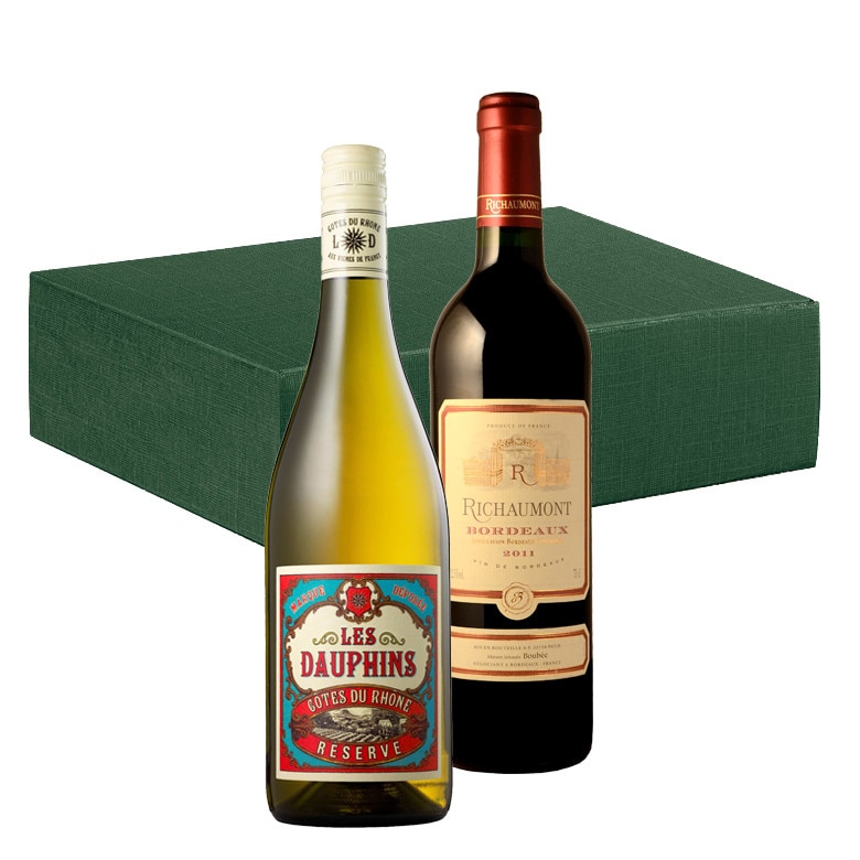 Pachet Vin Richaumont si Les Dauphins alb ,2 sticle 750 ml + cutie cadou