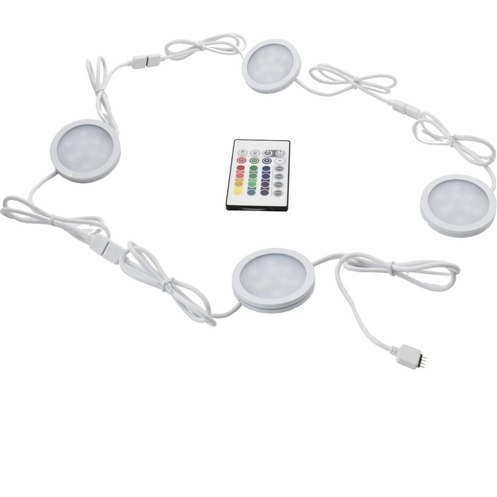 Set 4 spoturi LED rotunde pentru dulap cu telecomanda IP20 12VCC 4x2W Lumina RGB