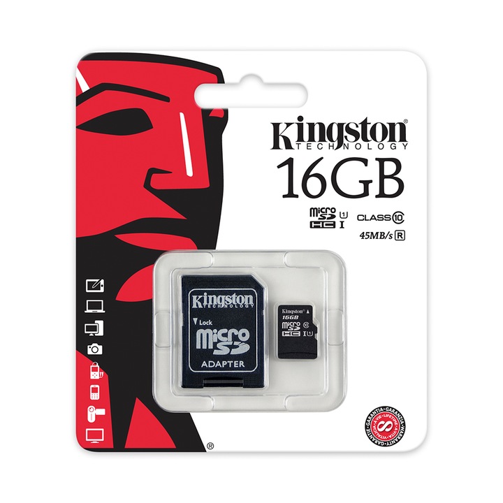 Kingston microSDHC memóriakártya 16GB, Class 10 + Adapter