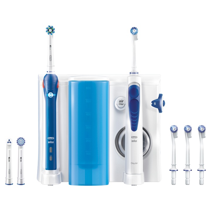 Oral-B PRO 2 2000 Cross Action elektromos fogkefe, Újratölthető, 3D tisztítás, Nyomásérzékelő, Fehér/Kék + Szájzuhany, Fehér
