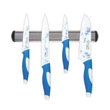 Set cutite colorate 5 piese, lama din inox, maner din silicon colorat, suport magnetic pentru suspendare pe perete Set cutite colorate 5 piese, lama din inox, maner din silicon colorat, suport magnetic pentru suspendare pe perete