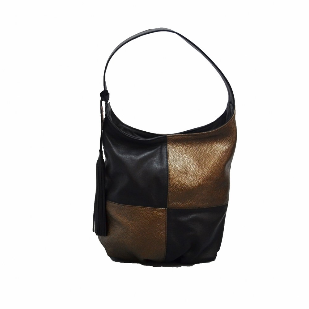 Geanta dama,Zea,piele naturala,neagra cu patrate bronz