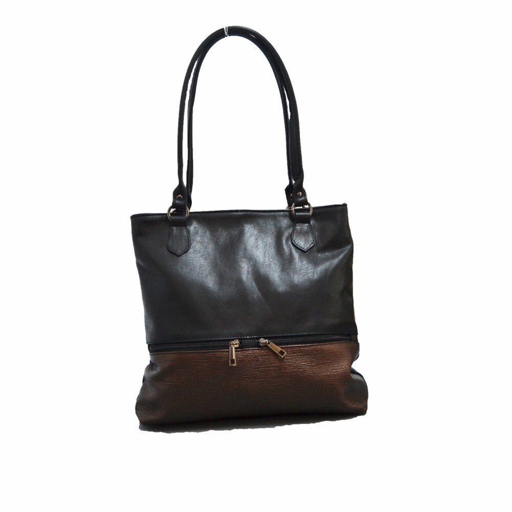 Geanta dama,Zea,piele naturala,neagra decor bronz