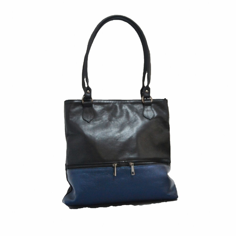 Geanta dama,Zea,piele naturala,neagra decor blue metalic