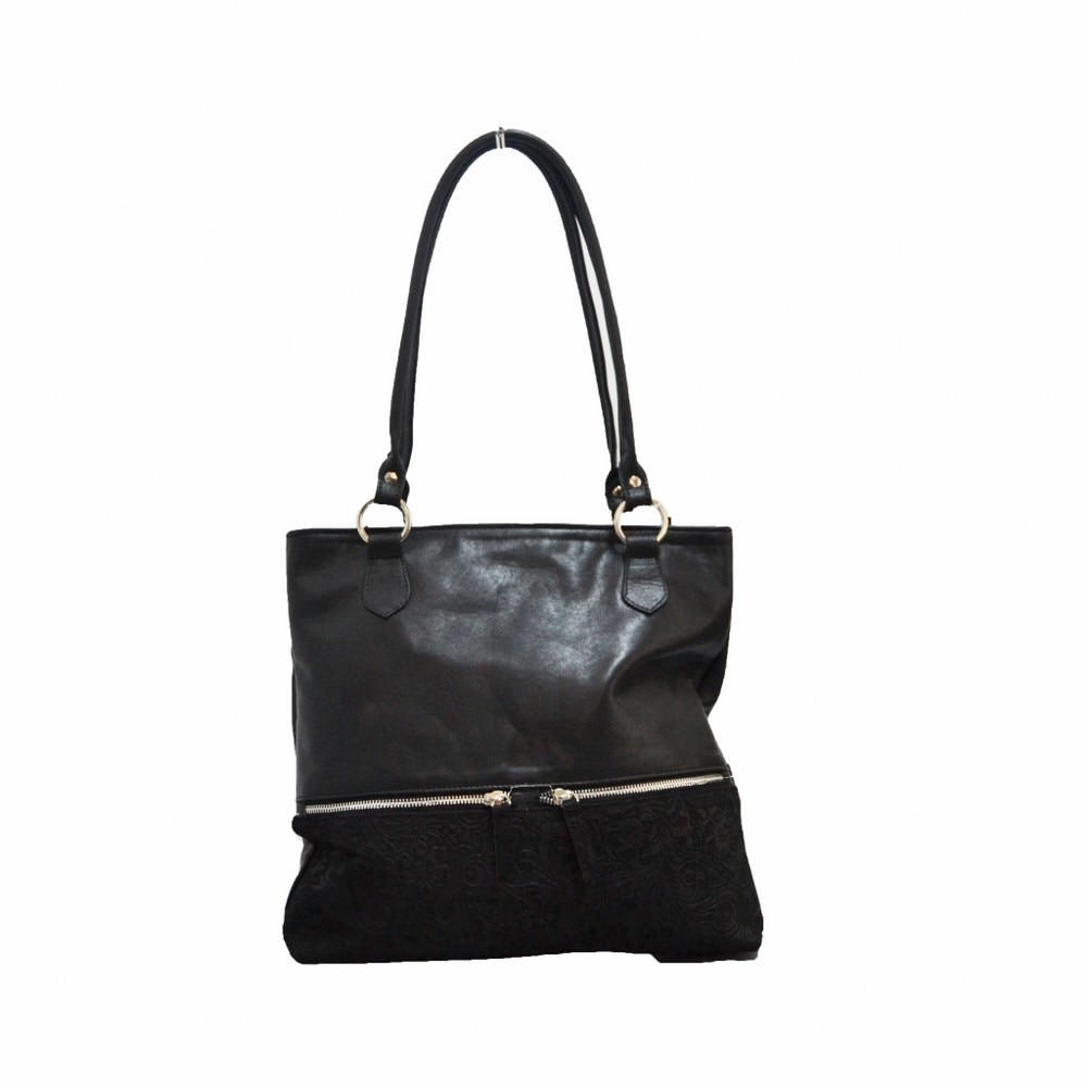 Geanta dama,Zea,piele naturala,neagra decor floral negru