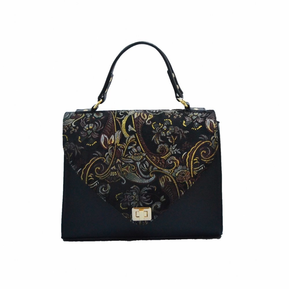 Geanta dama,Zea,piele naturala,neagra floral decor baroc