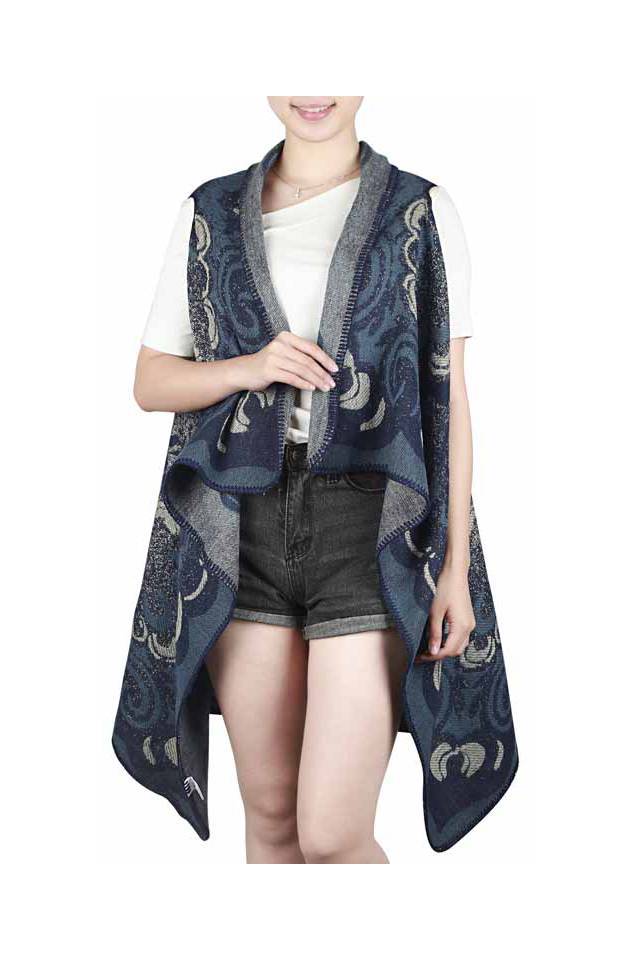 Poncho dama, model floral, Albastru, gri, bej, One Size