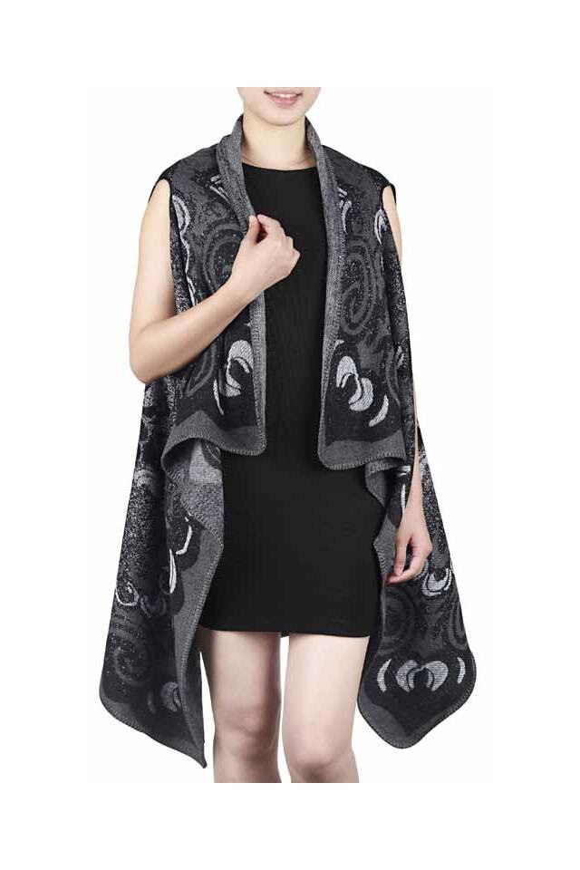 Poncho dama, model floral, Negru, Alb, One Size