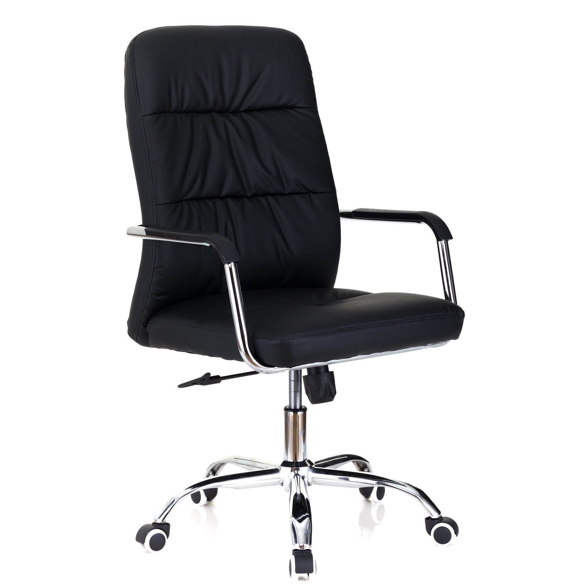 Scaun birou QMOBILI HAN Negru, piele ecologica, baza cromata, mecanism balans, brate metal cromat, role gumate