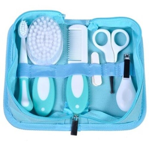 Set ingrijire bebe cu 6 accesorii, cu gentuta, albastru, 24x26x3 cm