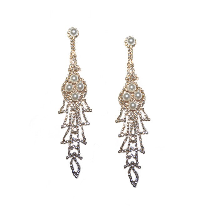 Cercei in tendinte cu decor de perle si pietre stralucitoare, D&J Exclusive, Crem