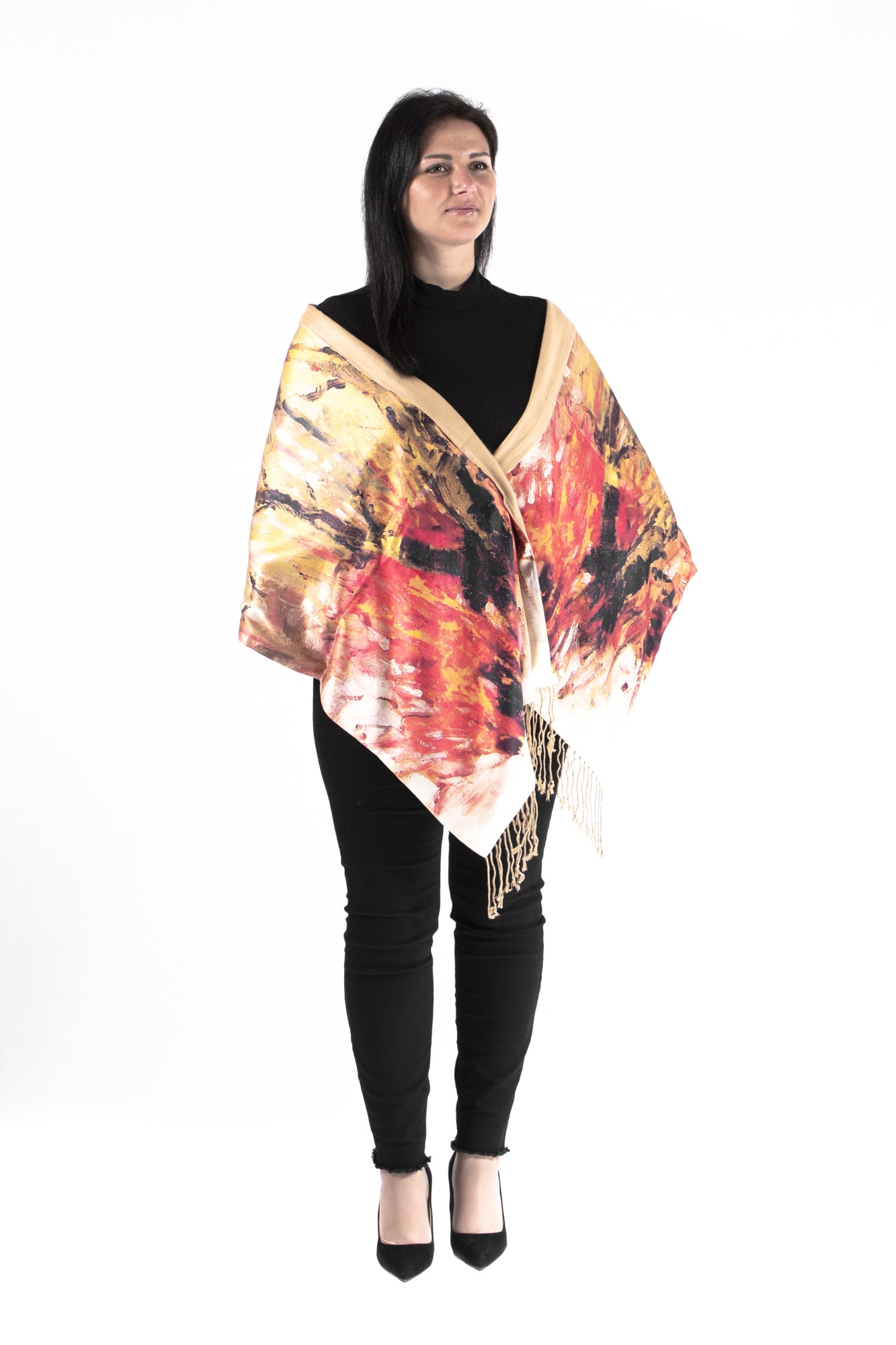 Sal din matase, bej/rosu , paint-print, dublat cu cashmir, cu franjuri, 190/50 cm