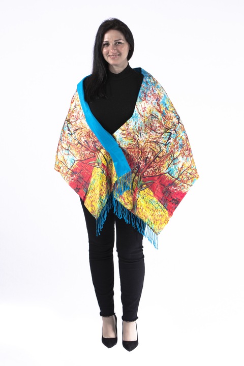 Копринен шал, щампа, подплатен с кашмир, син, с есенен пейзаж, 190/50 см