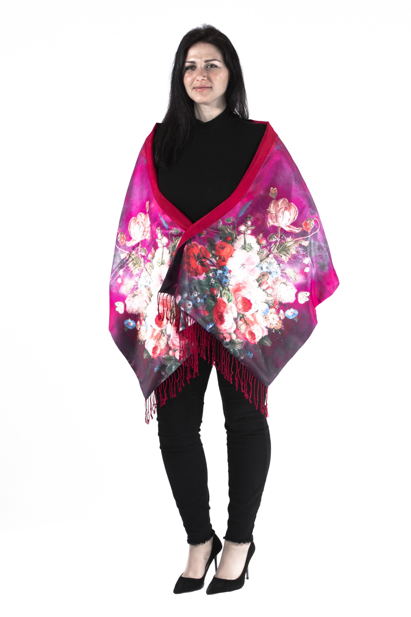Sal din matase, paint-print, dublat cu cashmir, Fucsia,model floral, 190/50 cm