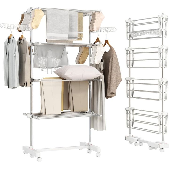 Uscator de rufe vertical pliabil HOMCOM, 4 rafturi reglabile, 30 kg capacitate, cu roti si frane, otel inoxidabil, economisire spatiu, 142x55x172 cm, alb/argintiu